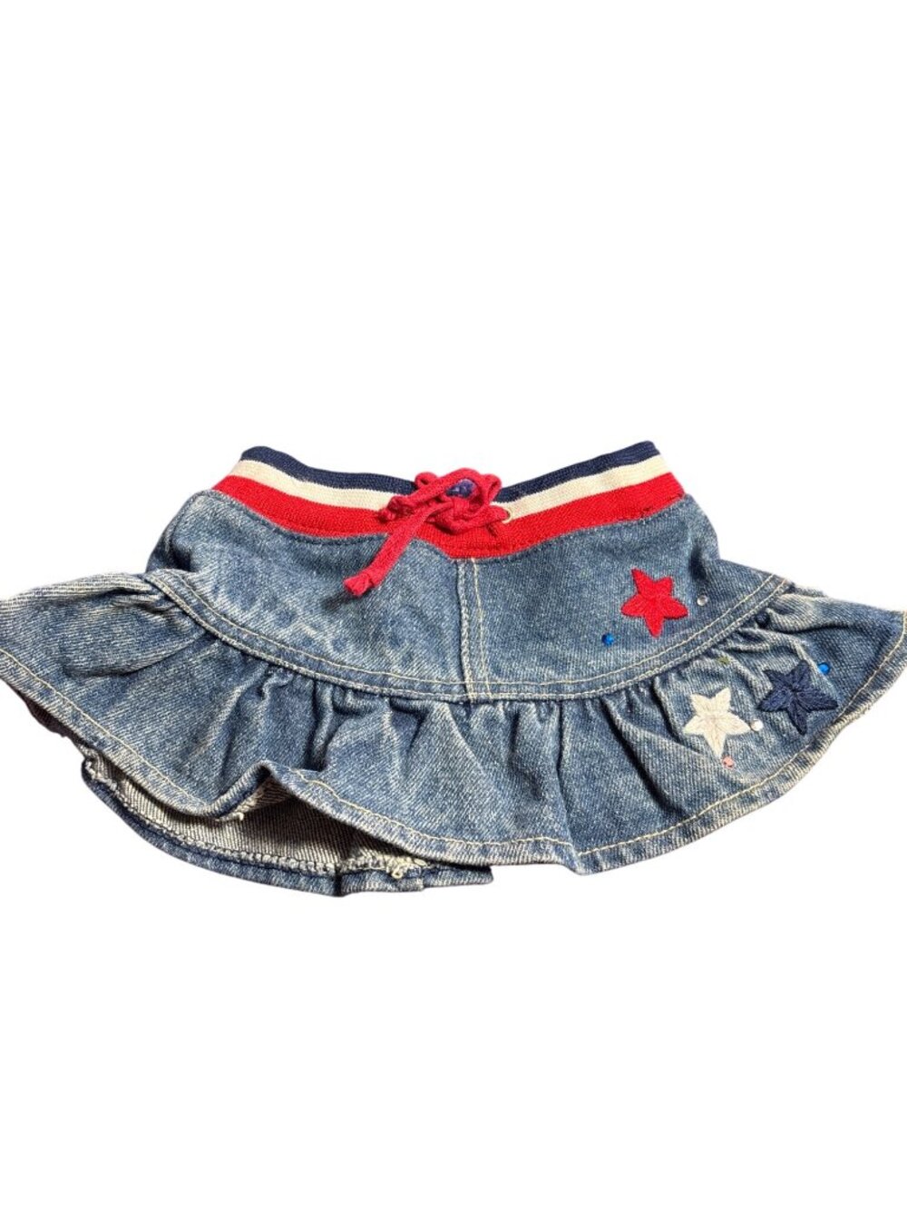Build-A-Bear Workshop 4th of July Denim Skirt ruffle trim red ribbon ties